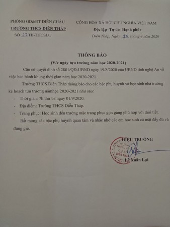 THÔNG BÁO NGÀY TỰU TRƯỜNG NĂM HỌC 2020-2021