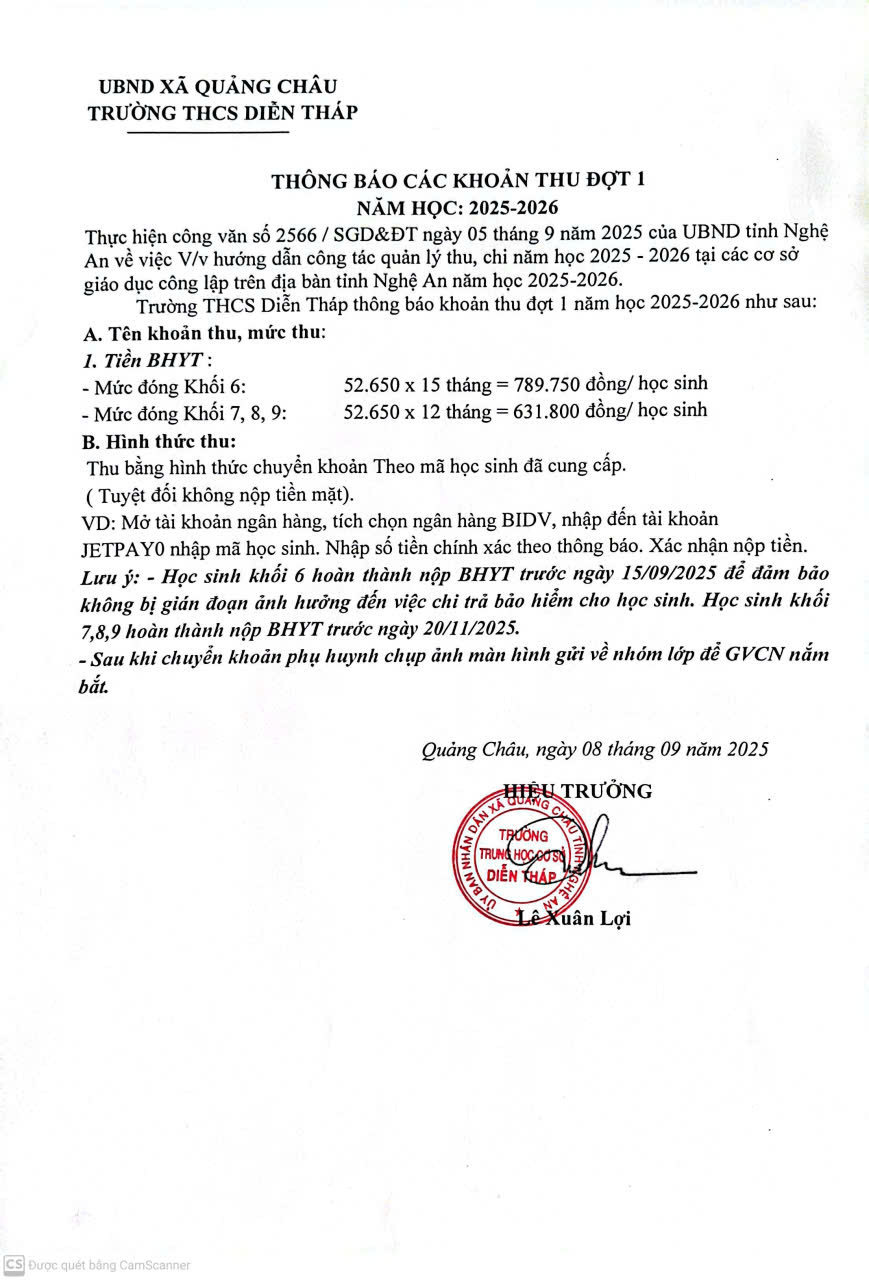 THÔNG BÁO CÁC KHOẢN THU DD1 25 26